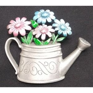 Watering Can Signed JJ 2 Inch Pink And Blue Flowers Pewter Look Brooch